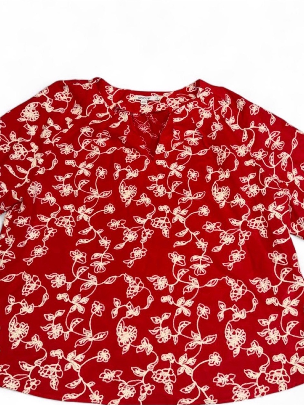 Chico's Red Floral Split-Neck Blouse